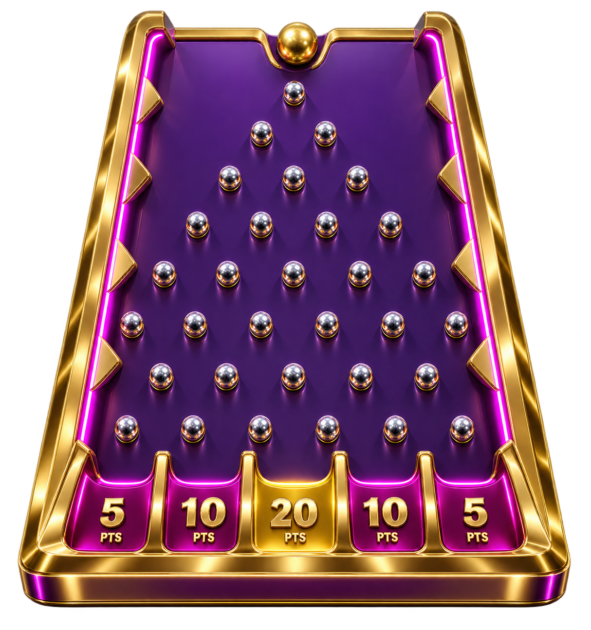 Tablero Plinko dorado con luces magenta y cinco casillas